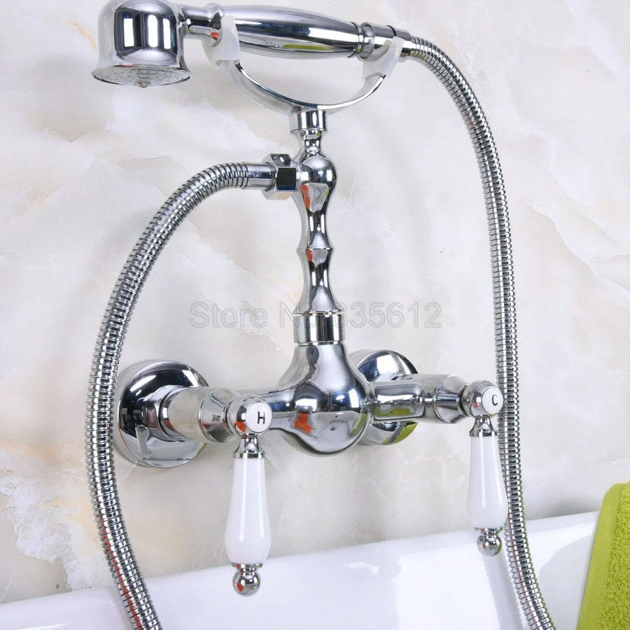 

Polished Chrome Bath Faucets Wall Mounted Bathroom Basin Mixer Tap With Hand Shower Head Bath & Shower Faucet tna212
