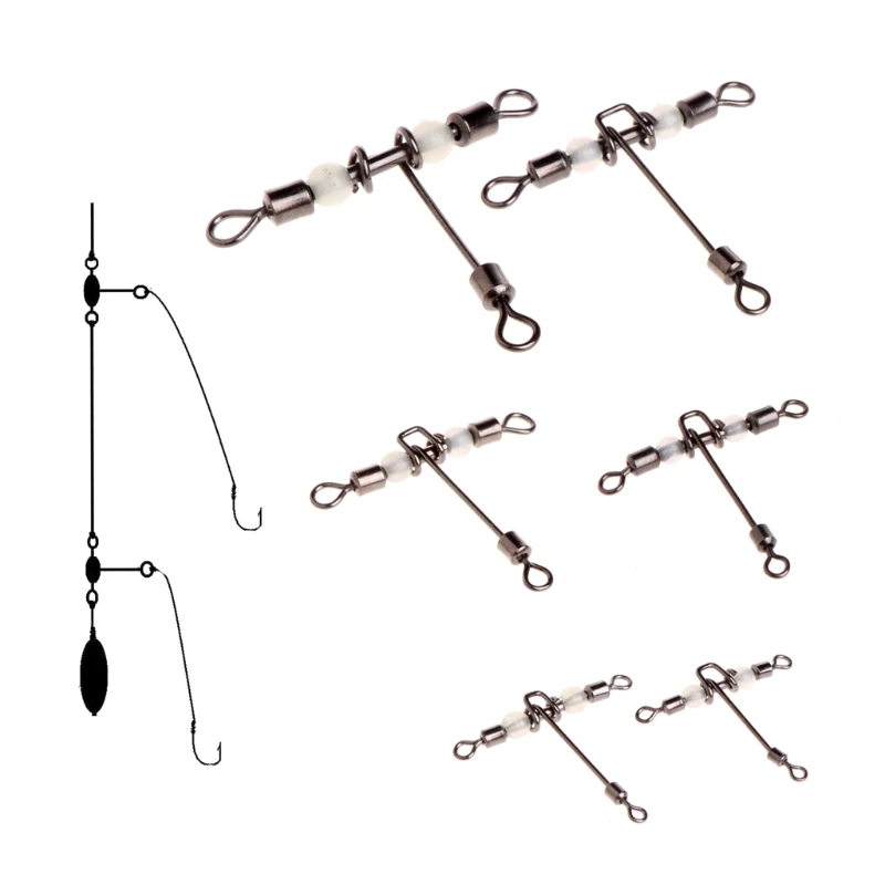 5pcs 3 Way Luminous T-shape Fishing Swivels Connector Rolling Swivel With Pearl