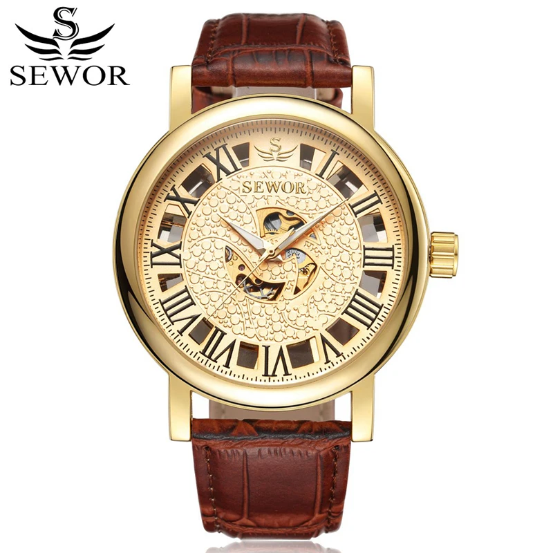 SEWOR Automatic Self-Wind Mechanical Luxury Watch Men Gold Skeleton Leather Watch Fashion Casual Man Wristwatches With Box SWQ39 men luxury brand casual gold full steel band skeleton automatic self wind mechanical hand wind goden relogio for man wrist watch