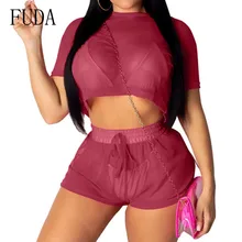 FUDA Fashion Two Pieces Sets Short Sleeve O Neck Top and Lace-up Pants Sexy See Through Casual Playsuits Women Summer Mono Mujer FUDA Fashion Two Pieces Sets Short Sleeve O Neck Top and Lace-up Pants Sexy See Through Casual Playsuits Women Summer Mono Mujer