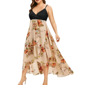 

KLV 2019 Women Plus Size V-neck Casual Bohemia Print Swing Dress Sling Backless Dress free shipping D4