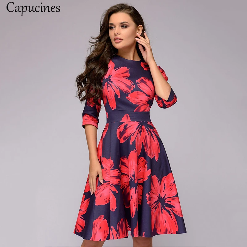 

Capucines Printed 3/4 Sleeves Slim A-line Dress Women 2019 Summer O-Neck Casual Dress Elegent Vintage Party Dresses Vestidos