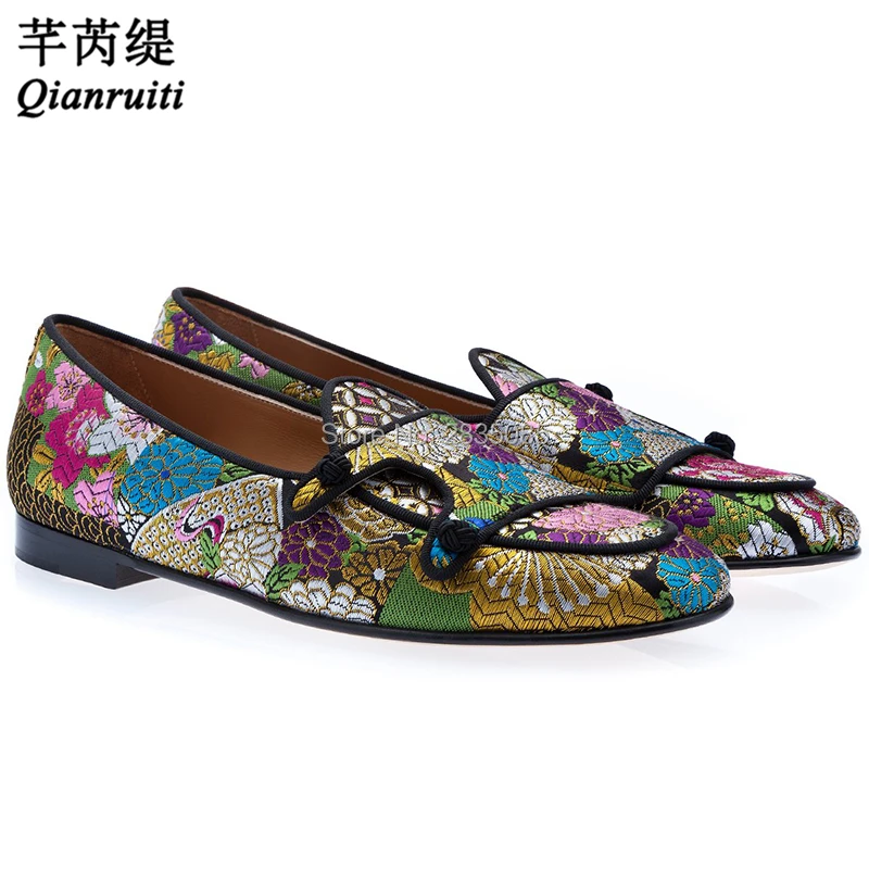 

Mixed Color Luxury Breathable Wedding Shoes Men Zapatillas Slip On Flat Casual Footwear Monk Straps Floral Embroidered Loafers