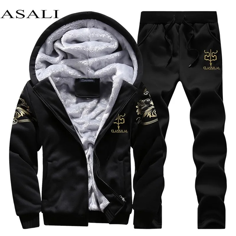 

Casual Tracksuit Mens set Winter Brand Two Piece Sets All Cotton Inner Fleece Thick Hooded 2PC Jacket + Pants Sporting Suit Male