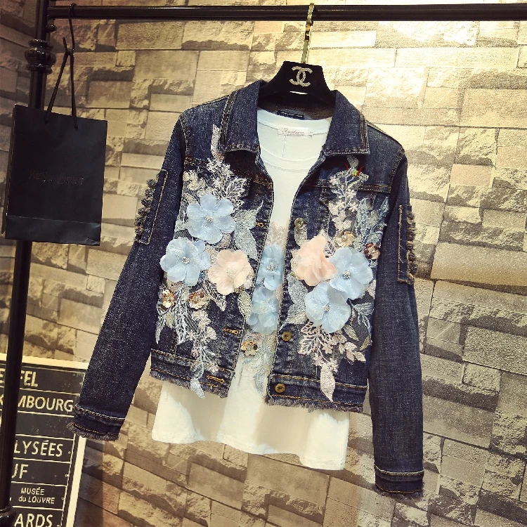 Весна Осень женское корейское модное джинсовое пальто с дырками и вышивкой синий цветок длинный рукав облегающее джинсовое пальто дамское уличное пальто