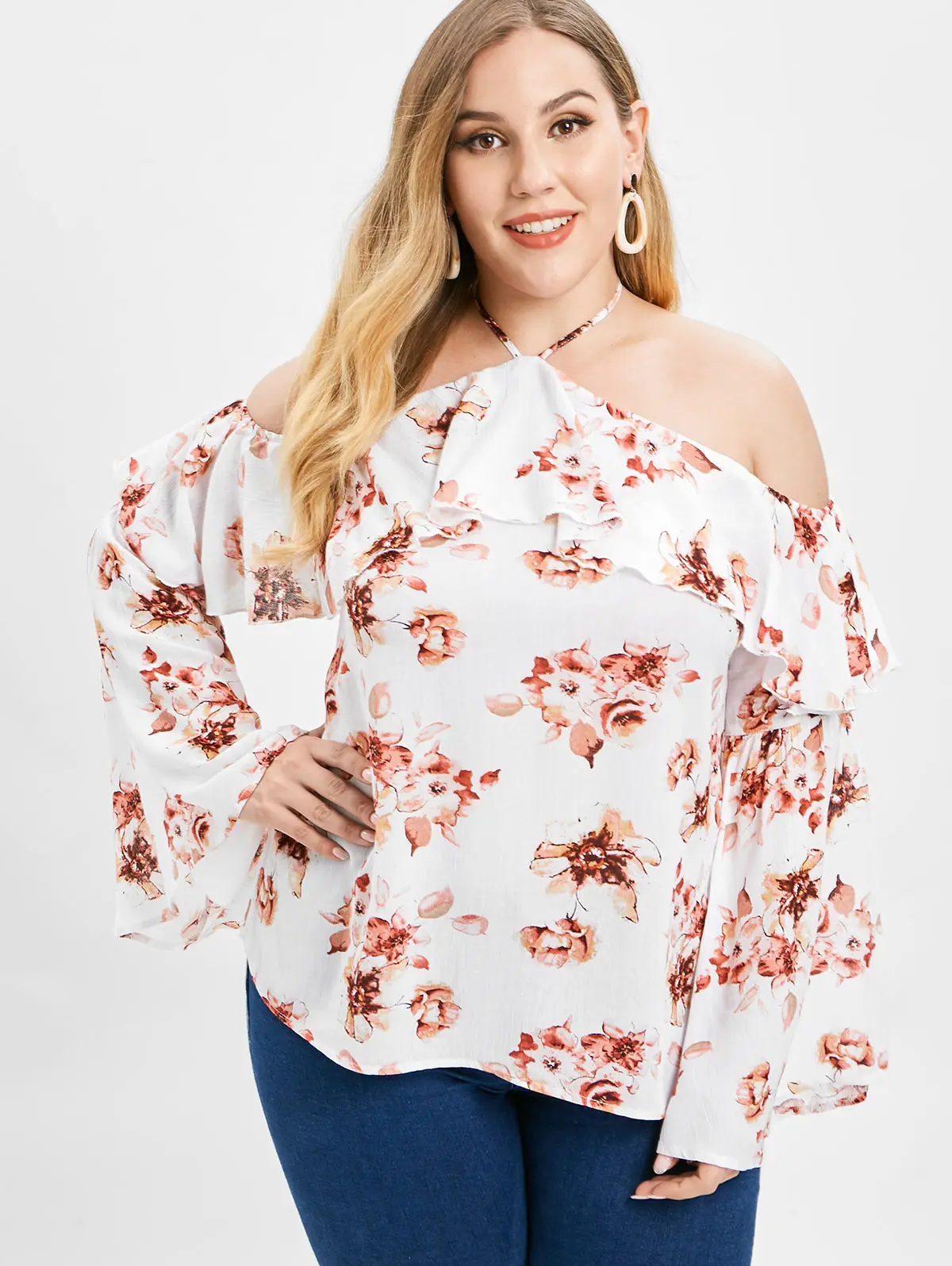 

ZAFUL Plus Size Women Summer Fashion Blouse Halter Neck Off Shoulder Flare Sleeve Floral Print Chiffon Blouse Ladies Top Shirts