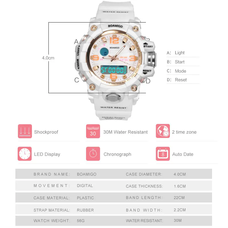 Брендовые женские спортивные часы BOAMIGO, модные женские кварцевые наручные часы, белые цифровые ударные часы для плавания, Relogio Feminino