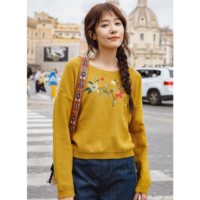 

INMAN 2019 Spring Autumn Round Collar Women Long Sleeve Floral Embroidery Pullover Sweater