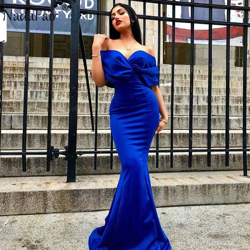 

Nadafair Off Shoudler Women Bodycon Sexy Party Dress V Neck Short Sleeve Floor-Length Elegant Long Dress Ladies Trumpet Dress