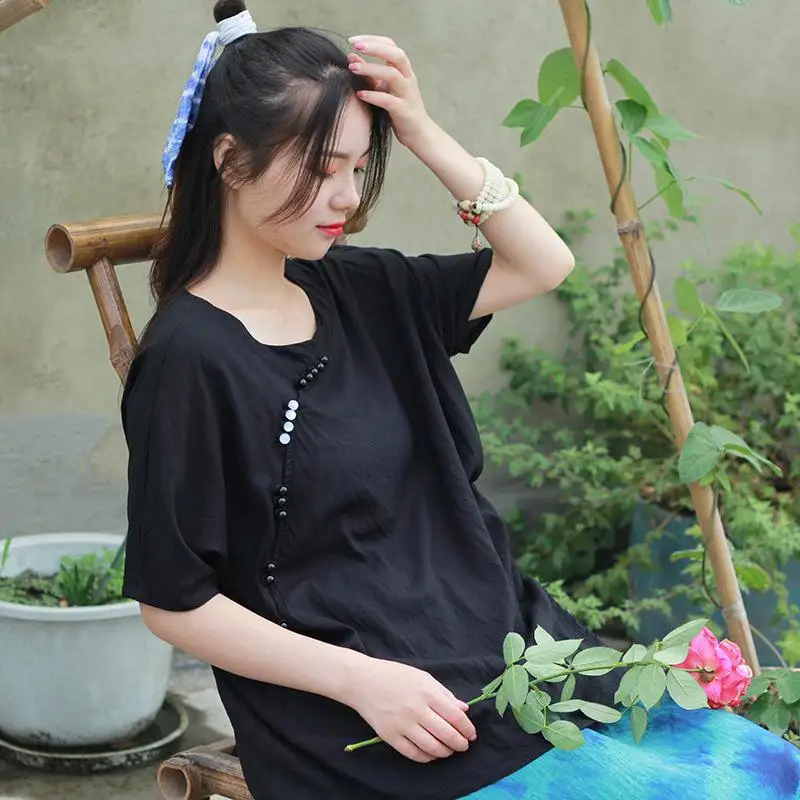 

Johnature Casual Simple Cotton Linen Irregular Drawstring Women Tshirt 2019 New Summer Fashion Stand Short Sleeve T Shirt Women