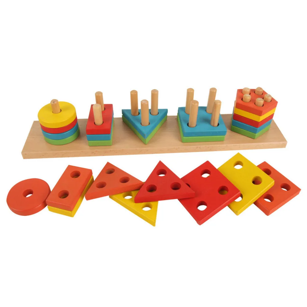 

candice guo wooden toy wood block educational baby hand catch match game geometrical shape color board column gift 5 pillar 1set