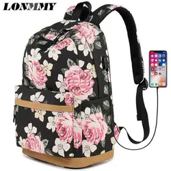 LONMMY Высокая емкость многофункциональный холст Для женщин Рюкзаки Мода Цветы Узор mochilas feminina школьные сумки для путешествий рюкзак