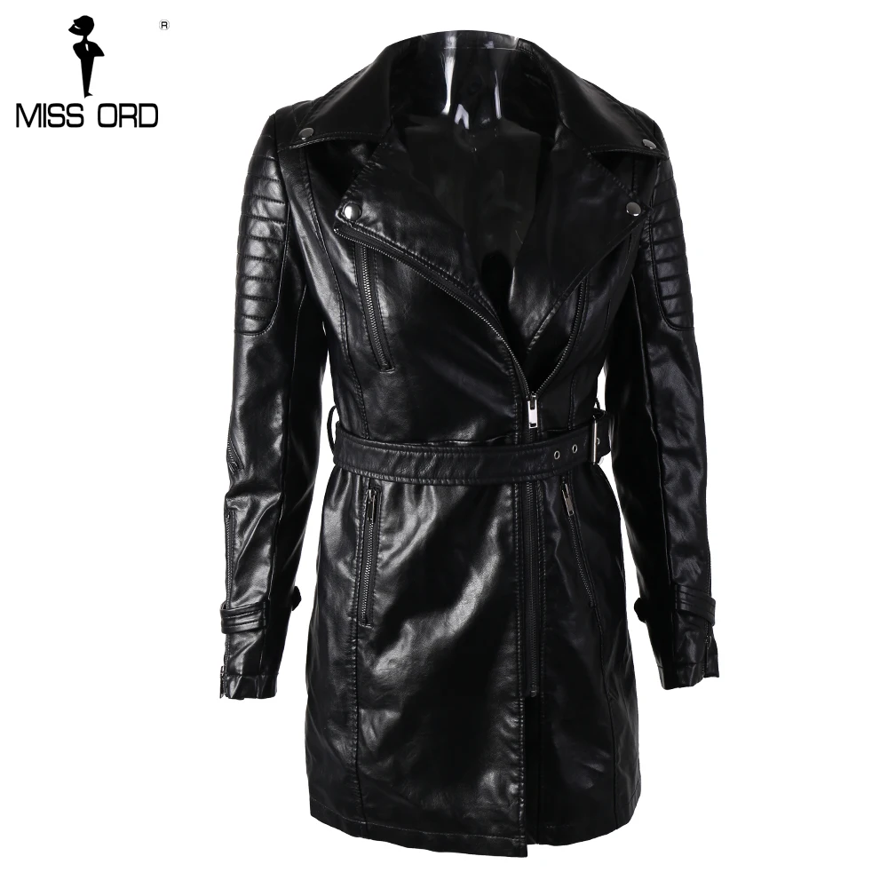 Missord осенне-зимняя мода длинный рукав ремень черная кожаная куртка пальто FT8621