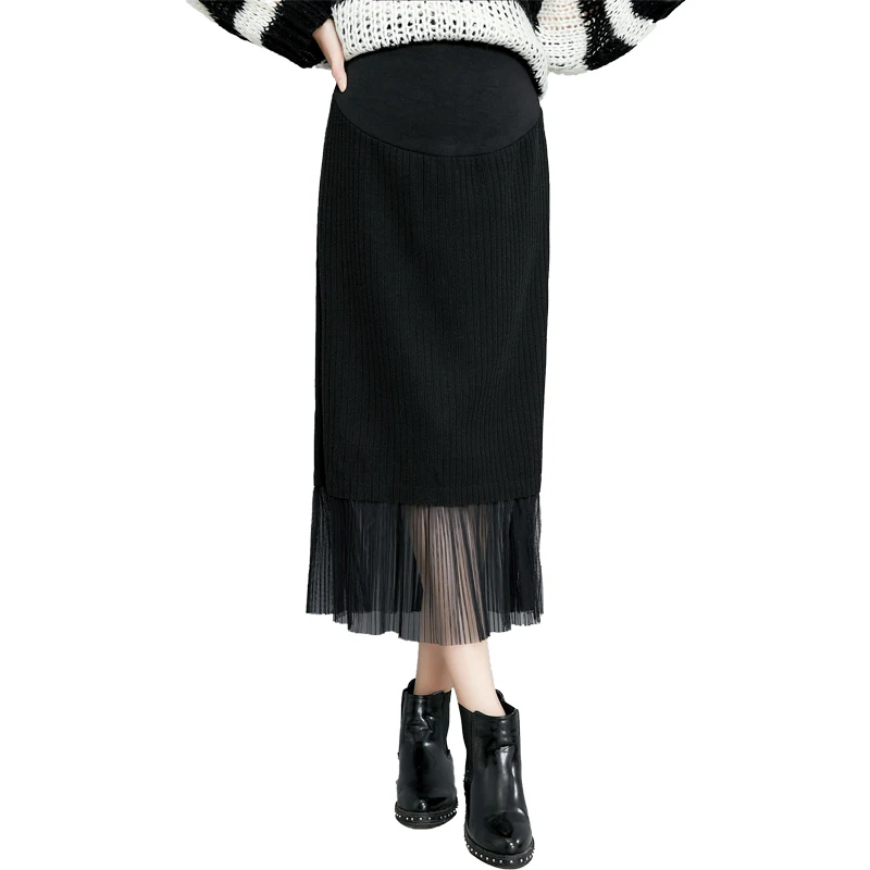 Pregnant Skirt Black Pleatted Mesh Patchwork Knit Skirts High Waist Midi Long Skirt Pregnancy