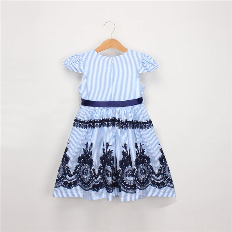 New Toddler Kids Baby Girls Clothes Stripe Floral Embroidery Party Princess Dress Blue Kid Baby Girls Dress Short Sleeve V9# (5)