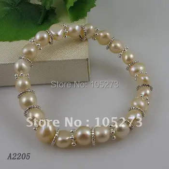 

Wholesale Elegant pearl bracelet AA 7-8MM Pink color Genuine fresh water pearl & silvers beads Elastic bracelet 10pcs/lot A2205