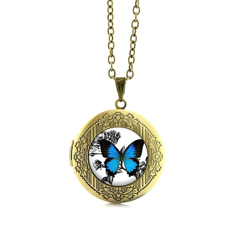 Tafree Винтаж Голубая Бабочка ожерелье насекомых изображение медальон Кулон Шарм Подарки для женщин стекла фото ожерелье Jewelry N467 - Окраска металла: N467