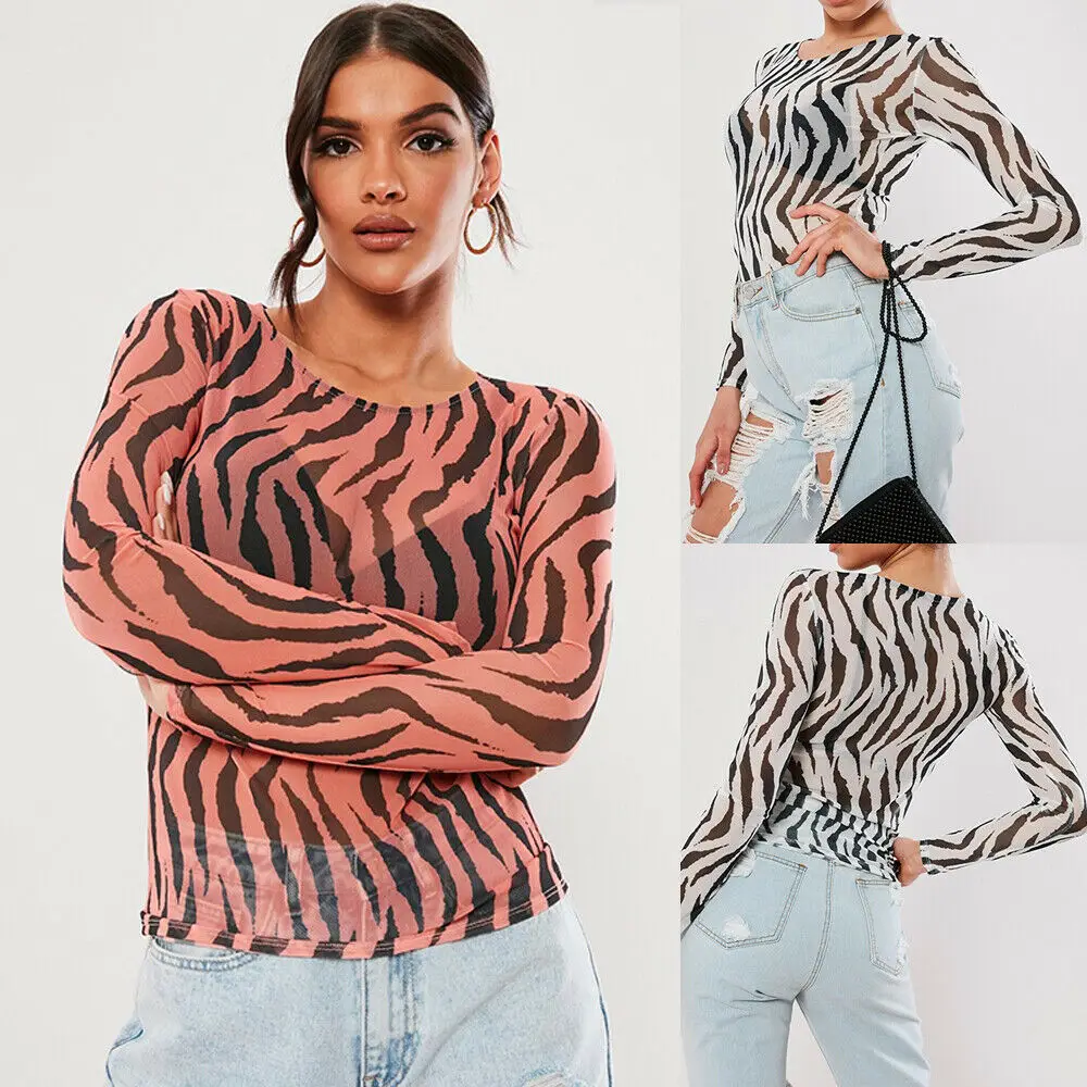 

Women Blouse 2019 Fashion Ladies Zebra Print Transparent Mesh Sheer Tops Slim Blouse Blusas Femininas