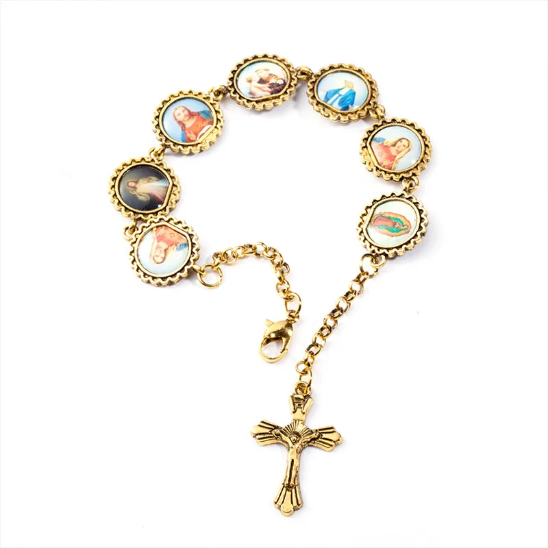 

Golden & Silver Cross Bracelet Jesus Virgin Mary Saint Image Bracelet for women & men Religious jewelry Christmas gift Wholesale