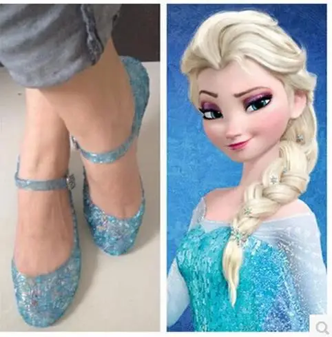 

New Elsa Shoes Girl Princess Shoes Blue Crystal Sandals Girls elsa Cosplay Shoes Blue PVC Hole Snowflake Sandal 5-10Y