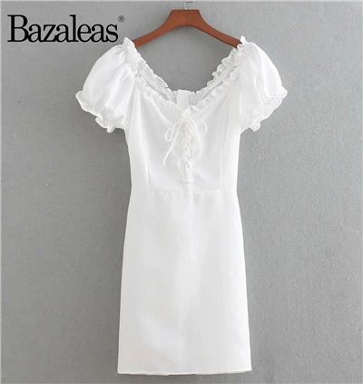 Bazaleas короткое летнее платье на шнуровке спереди с рюшами и короткими рукавами, облегающие пляжные платья на каждый день - Цвет: BB38 X21 white