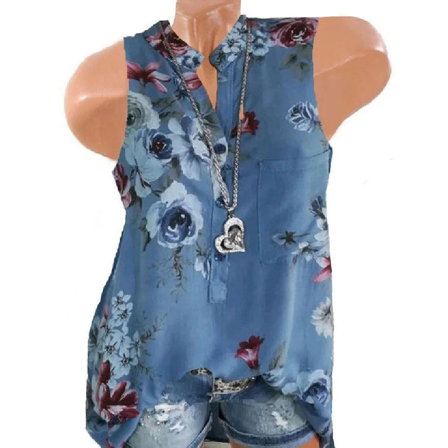 

5XL Plus Size Blusas Women Blouses Summer Tops New Leisure Blouse Floral Print V Neck Sleeveless Shirts Top Mujer Ladies Tops