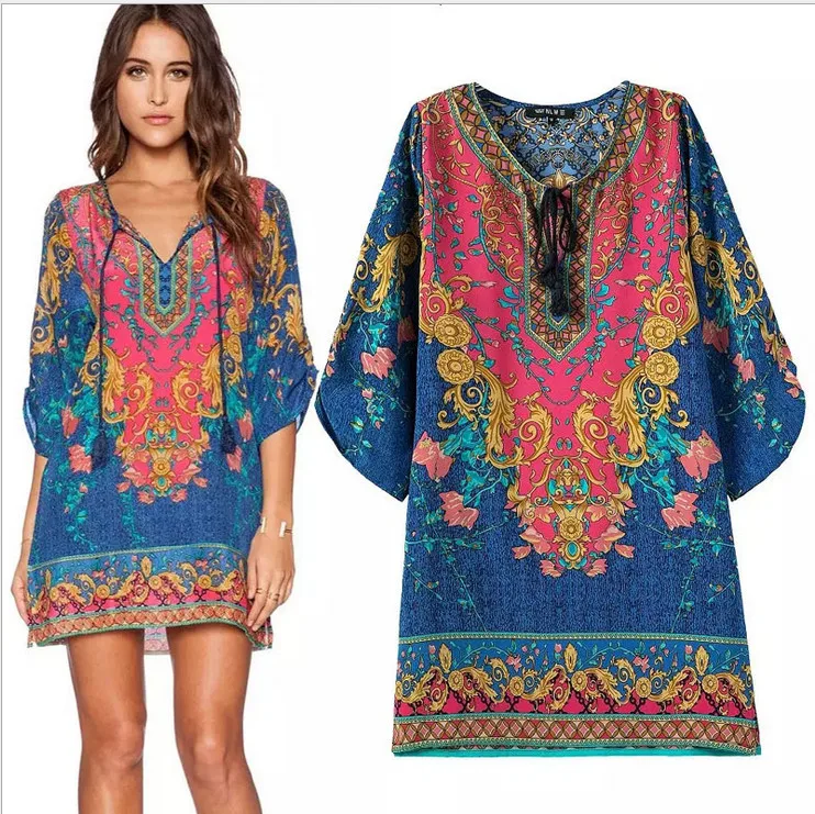 2016 New Summer Casual Bohemian Dress Tunics Short Sleeve Sexy Vintage