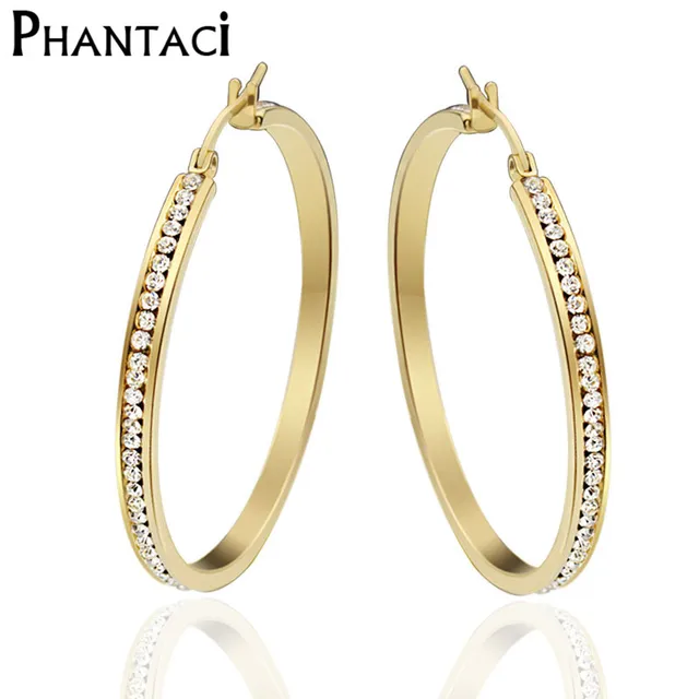 1pair Large Hoop Earrings For Women Gold Color Pave Stones 1pair Large Hoop Earrings For Women Gold Color Pave Stones Stainless Steel Brincos Crystal