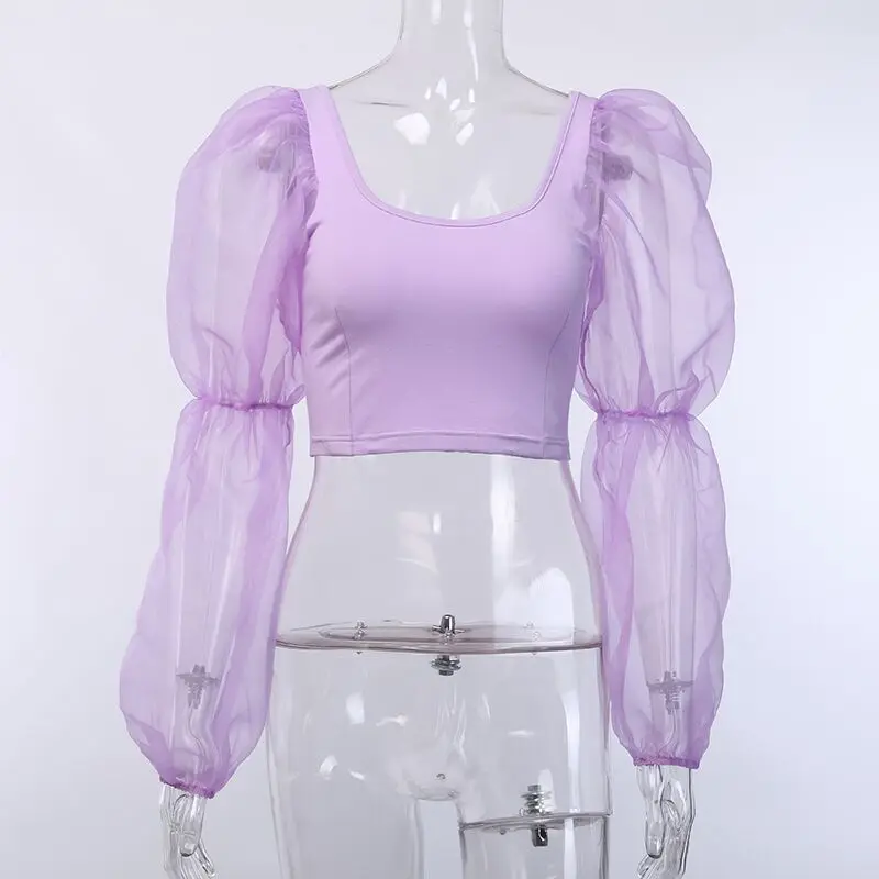 LVINMW сексуальные сетчатые прозрачные короткие топы с длинным рукавом и фонариком весенние женские облегающие футболки с вырезом на спине в стиле пэчворк - Цвет: Фиолетовый