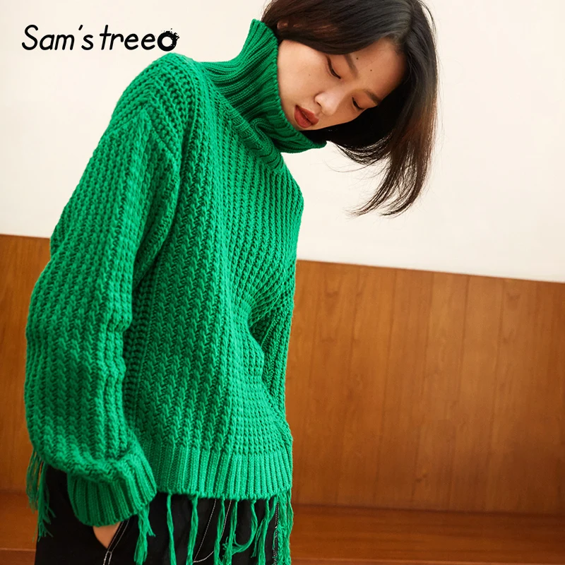 Samstree зеленый Однотонный свитер с высоким воротом и кисточками в минималистическом стиле, Женский вязаный пуловер, осень зима, Чистый свободный женский топ