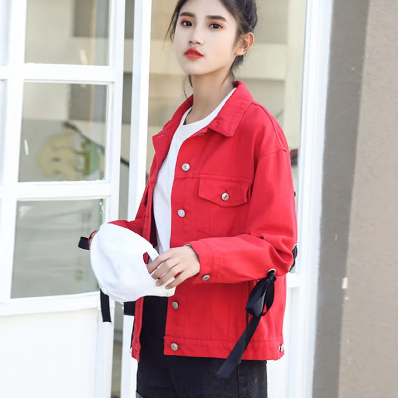 Streetwear Rouge bleu Bandage Jeans Manteau Hip Punk Hop 3328 Blue Denim Grande rouge Femmes Taille Retour Veste Lâche Harajuku PY1gWqwp