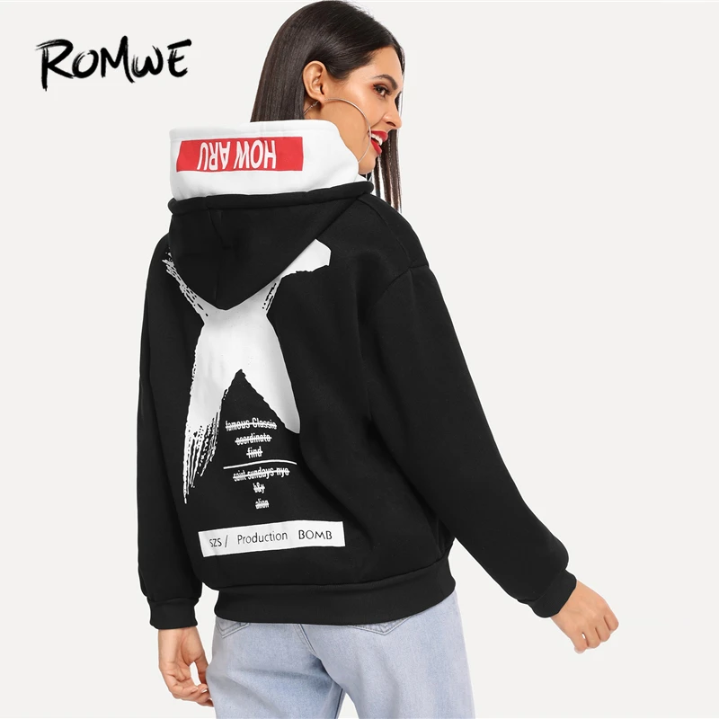  ROMWE Letter Print Kangaroo Pocket Drawstring Hoodie Black Women Sweatshirts 2019 Spring Autumn Lon