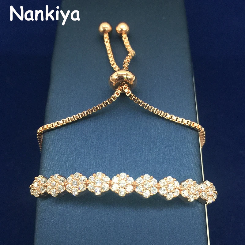 

Nankiya Classic Trendsetting Cubic Zircon Crystal Adjustable Bolo Bracelet Small Flower Connected Part Bangle for Wedding NB629