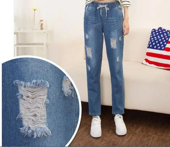 Новое поступление джинсы Для женщин Нерегулярные джинсы с прорехами женский эластичный пояс лодыжки-Длина джинсовые штаны свободного кроя P8218 - Цвет: dark blue