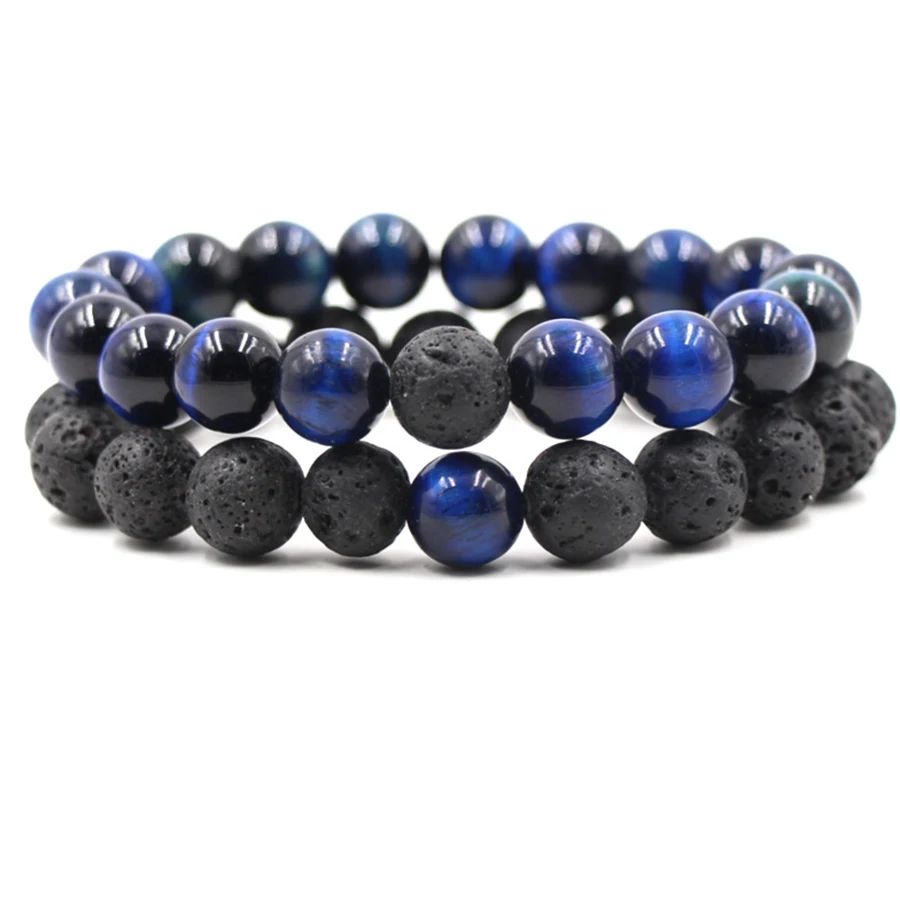 

8mm Blue Tiger Eye Lava Stone Couple Bracelet 8mm Natural Stone Handmade Women Men Jewelry Yoga Hip Hop Bracelets Pulsera Cruz