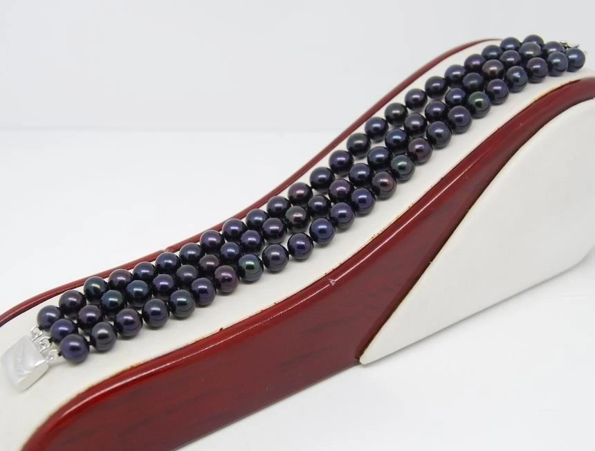 

Natural Thiple Strand 8-9MM black pearl bracelet 7.5" Long >>free shipping -Bride jewelry free shipping