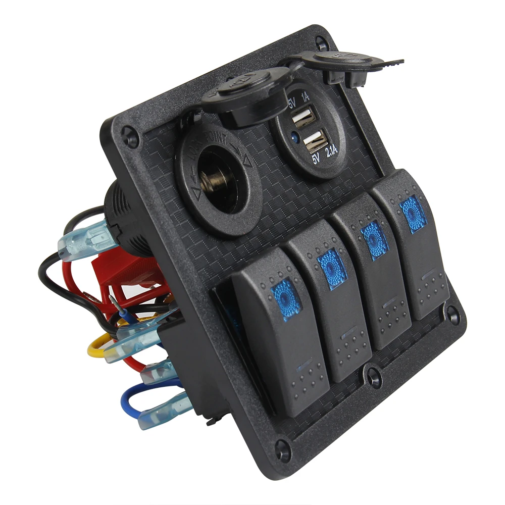 4 Gang 12V 24V Dual USB Waterproof Car Marine Blue LED Switch Panel