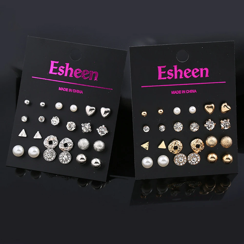

12Pair/Set Fashion Gold Silver Pearl Crystal Heart Round Triangle Metal Stud Earrings Set Women Gilr Party Earring Jewelry