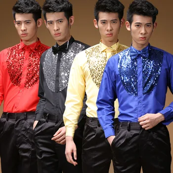 

stage performance clothing chorus Shirts Cotton men's shirts Long-sleeved youth theatrical sequins Groomsman dance clothes shirt
