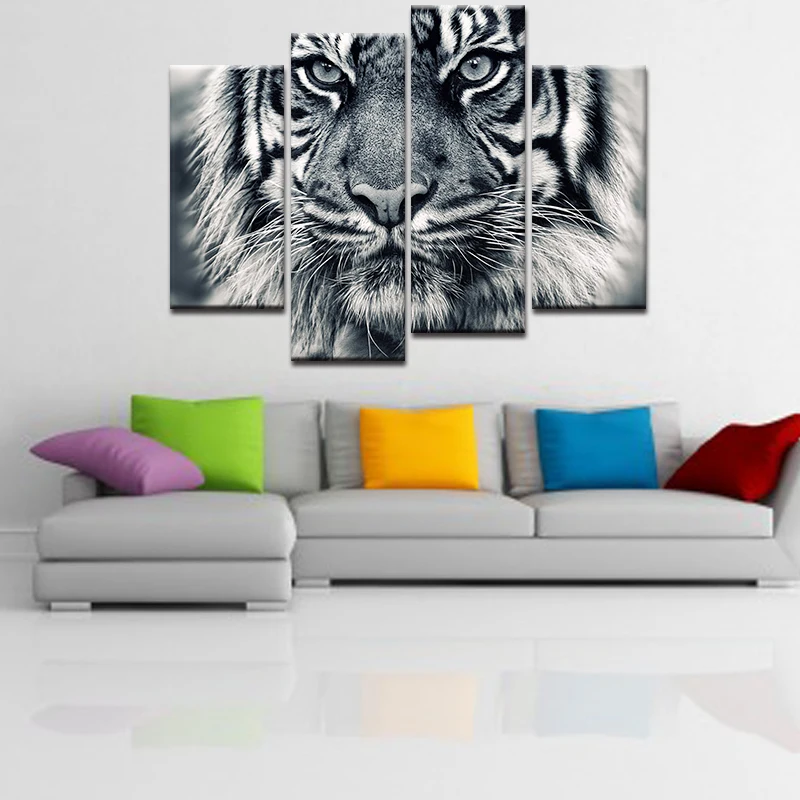 

4piece Grey tiger very cool Big Size Posters Home Decor Oil Painting Modern Canvas Painting Wall Pictures For living room Coffee