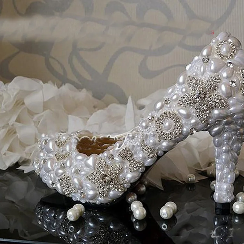 Handmade White 8.5cm Heel Wedding Dress Shoes Sparkling Rhienstone Bridal Shoes Dancing Party Prom Shoes Evening Dress Shoe