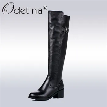 

Odetina 100% Full Genuine Leather Women Winter Knee High Boots Round Toe Chunky Heel Riding Boots Buckle Warm Shoes Big Size 43