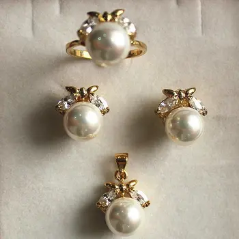 

fancy jewelry set 10mm white shell pearl,ring, pendant & stud earring AA1013