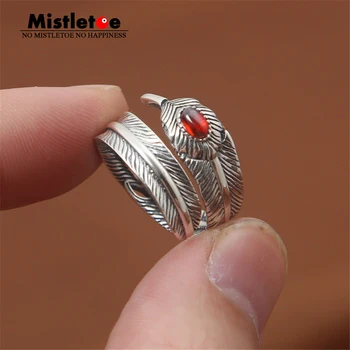 

Genuine 100% 925 Sterling Silver Vintage Punk Locomotive Indian Eagle Feather Red CZ Ring For Women Men Fashion Jewelry