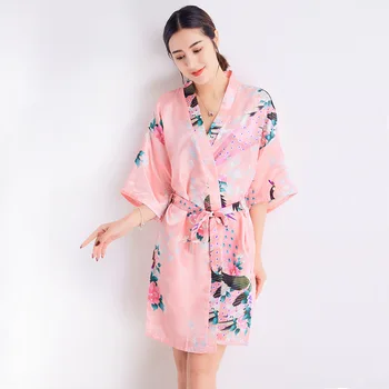 

[Lakysilk]2019 New Floral Bird Print Night Dress For Women Faux Silk Satin Smooth Nightgown Female Girls Pink V-Neck Sexy Robes