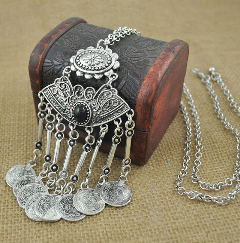 

Bohemian Jewelry Vintage Coin Sweater Long Chain Necklace Antique Silver Gypsy Tribal EthnicTurkish Women Boho Carved Jewelry