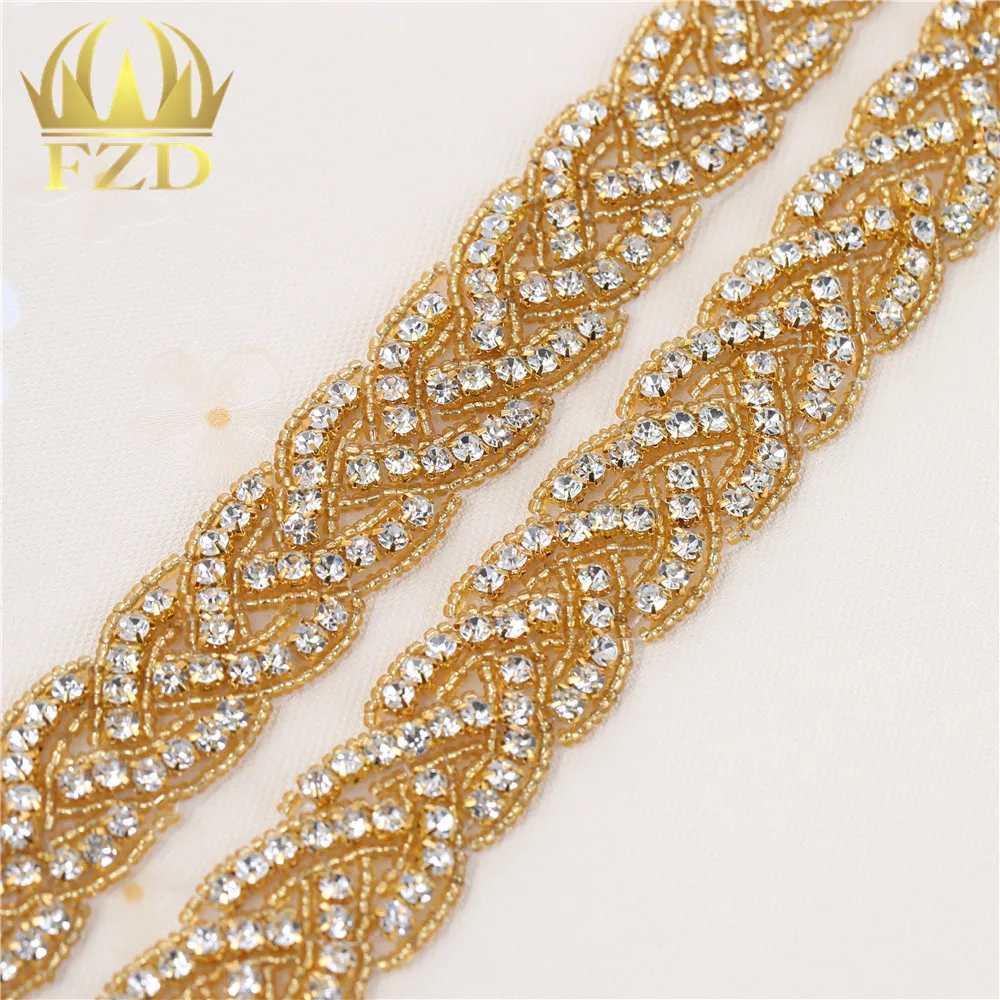 

(10yards) Wholesale 1 Yard Sewing On Beaded Hot Fix Gold Applique Rhinestone Trim for Wedding Dresses Bridal Garters Sash Belts