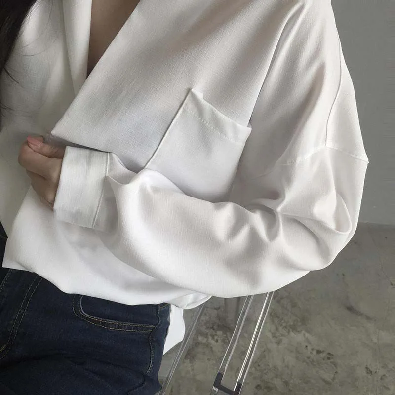 Женская блузка с длинным рукавом, белая рубашка, женская рубашка с карманом, Женские повседневные топы, плюс размер, элегантная женская белая блузка