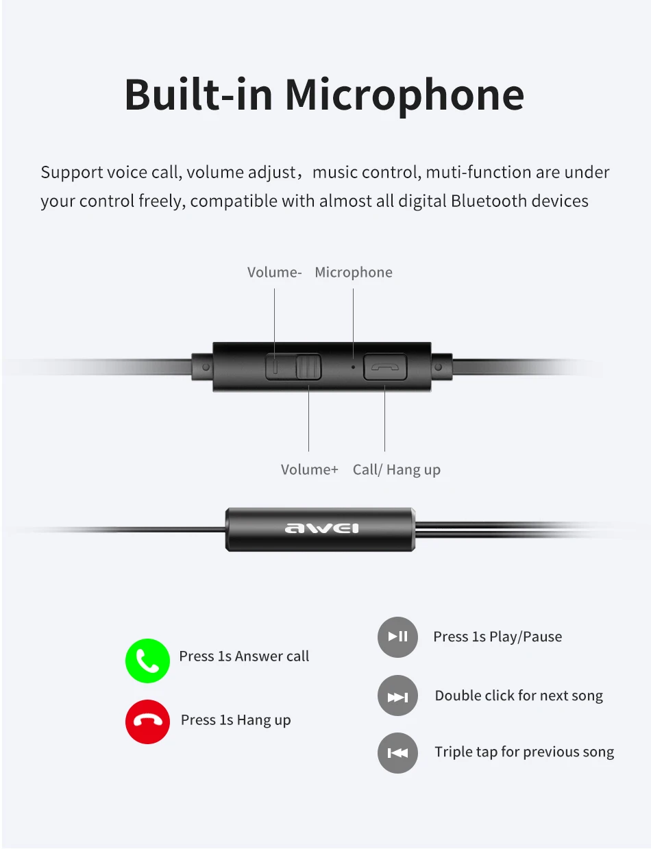 AWEI, Bluetooth наушники, беспроводные наушники, стерео, спортивные, в уши, проводные наушники, гарнитура с микрофоном для iPhone, Xiaomi, наушники