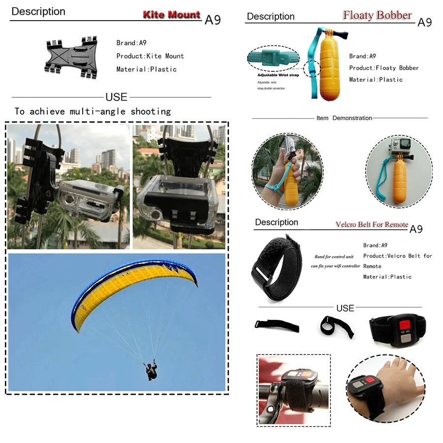  A9 for Gopro accessories set for Go pro 5 4 3 / SJCAM SJ4000 SJ9000 / Xiaomi yi 4k / mount for spor